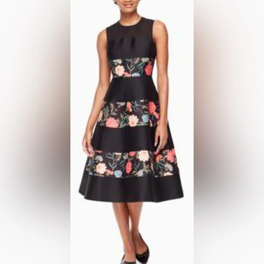 Kate Spade New York Blossom Mikado Midi Dress Striped Floral Print- Black - Sz 2